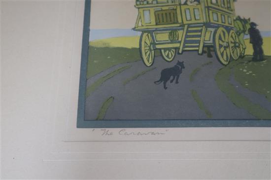 John Hall Thorpe (1874-1947), The Caravan, coloured woodcut, titled and signed in pencil to the margin, 33.5 x 26.5cm